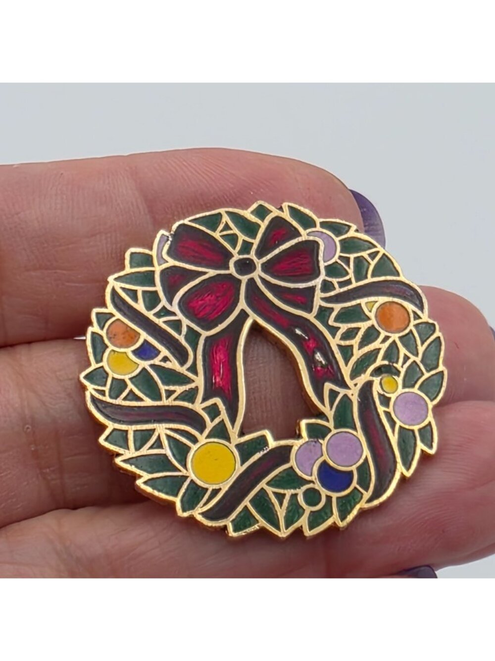 Vintage 1979 Cloisonné Christmas Wreath Pin Brooch With Red Bow & Multicolor